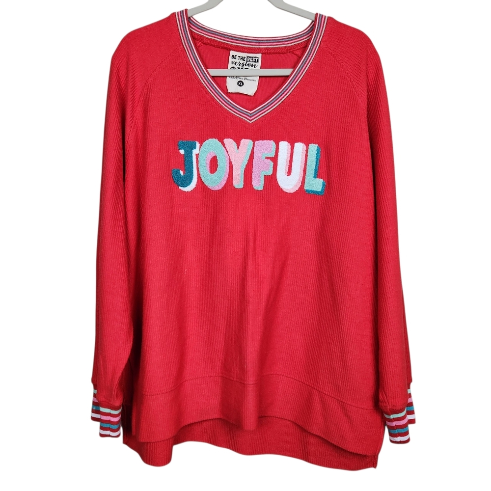 Jadelynn Brooke Joyful Chenille Varsity Sweater Red Pastel Striped Women Size XL